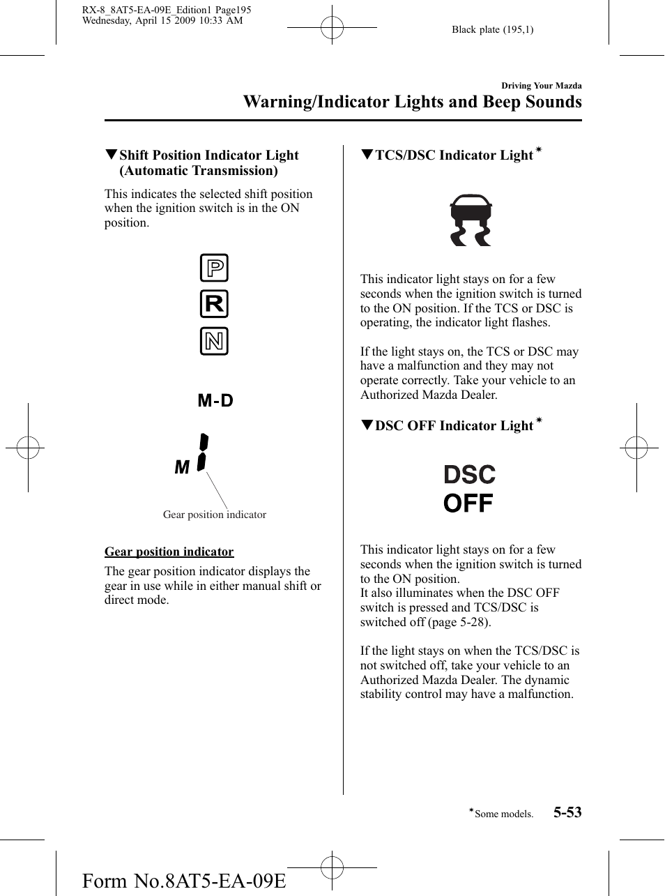 Form no.8at5-ea-09e, Warning/indicator lights and beep sounds | Mazda 2010 RX-8 User Manual | Page 195 / 438