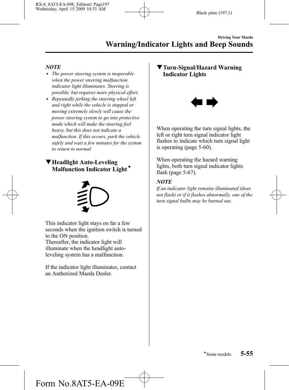 Form no.8at5-ea-09e, Warning/indicator lights and beep sounds | Mazda 2010 RX-8 User Manual | Page 197 / 438