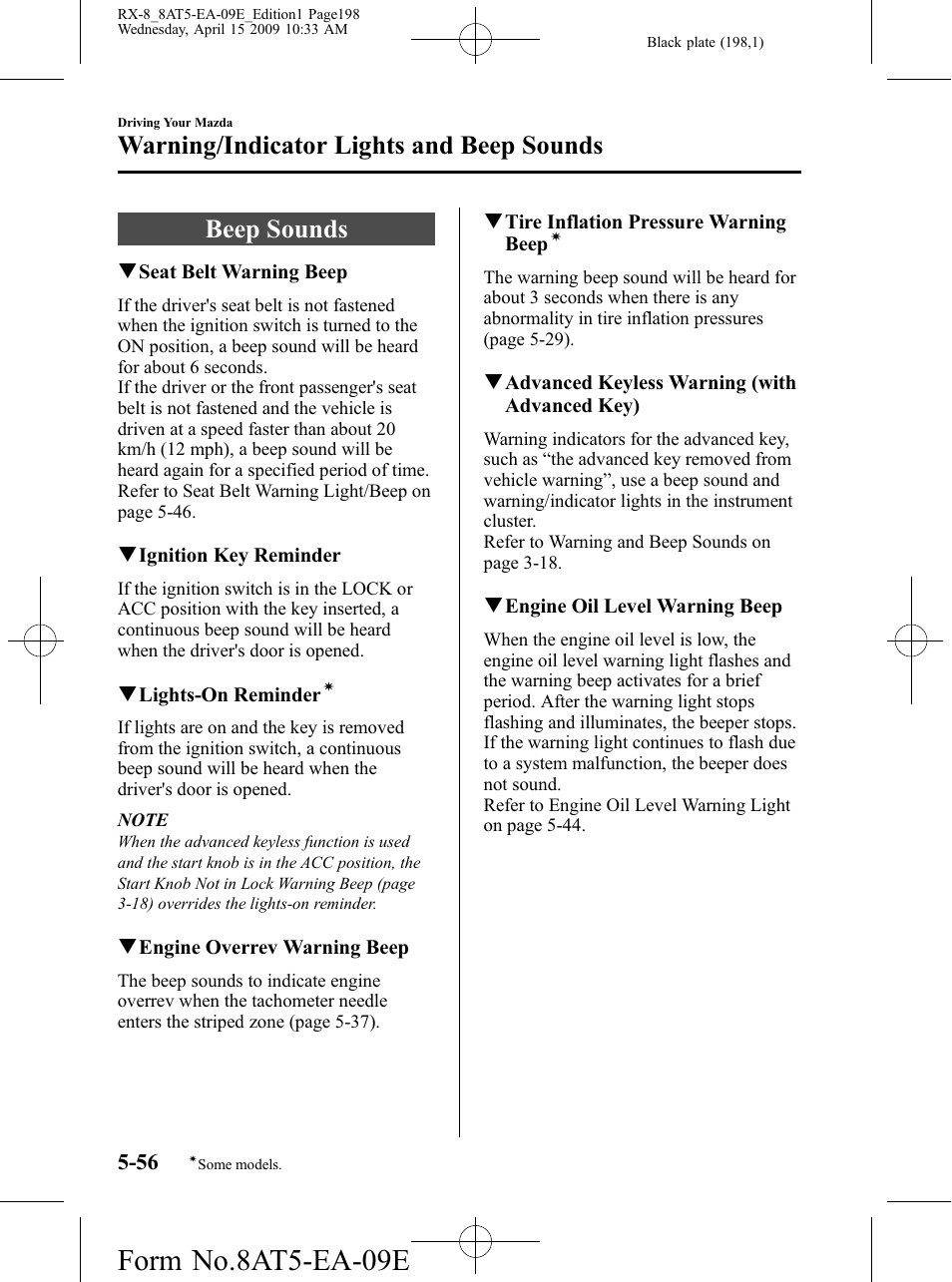 Beep sounds, Beep sounds -56, Form no.8at5-ea-09e | Warning/indicator lights and beep sounds | Mazda 2010 RX-8 User Manual | Page 198 / 438
