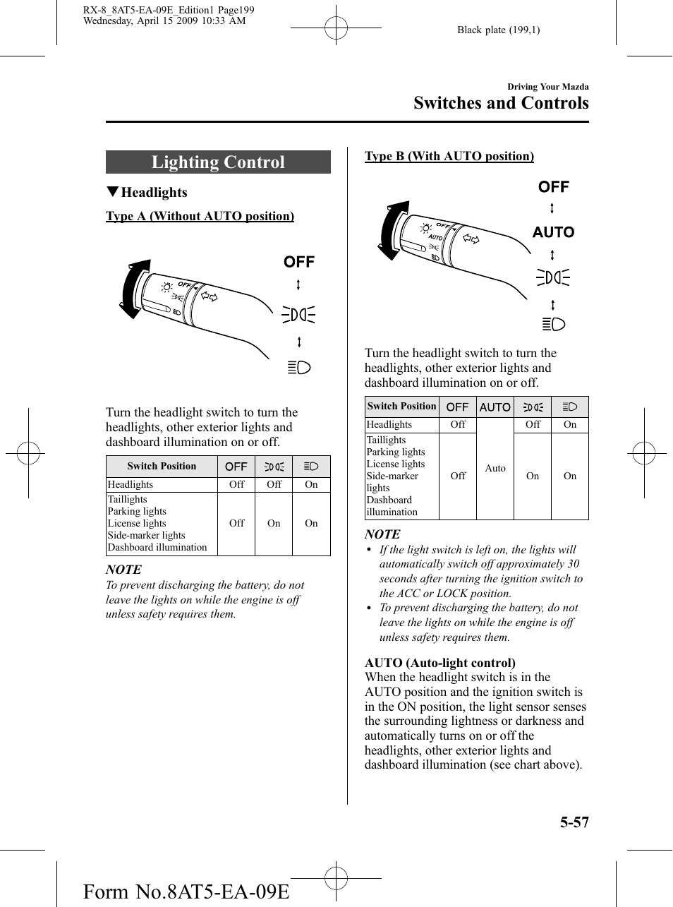 Switches and controls, Lighting control, Switches and controls -57 | Lighting control -57, Form no.8at5-ea-09e, Qheadlights | Mazda 2010 RX-8 User Manual | Page 199 / 438