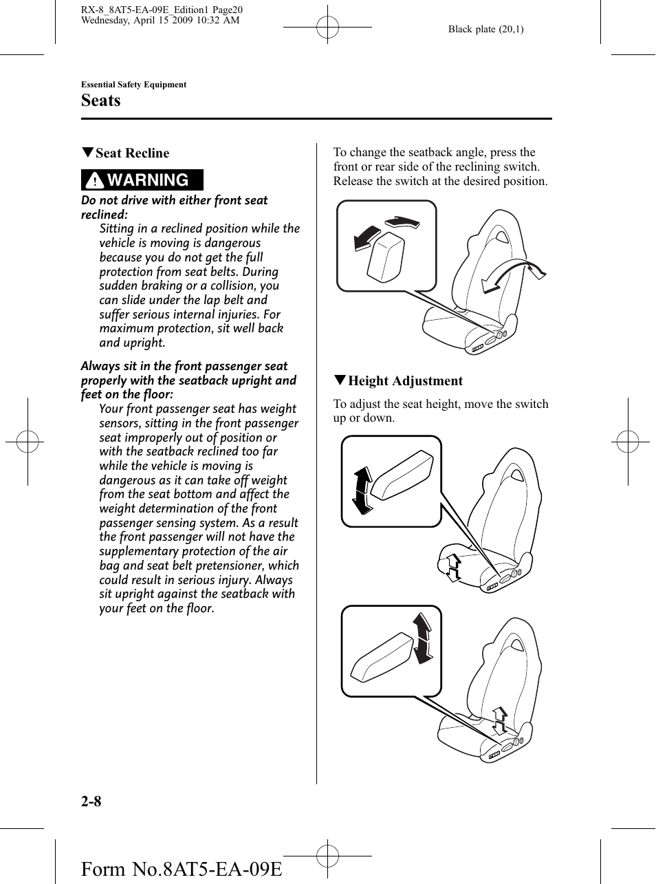 Form no.8at5-ea-09e, Seats, Warning | Mazda 2010 RX-8 User Manual | Page 20 / 438