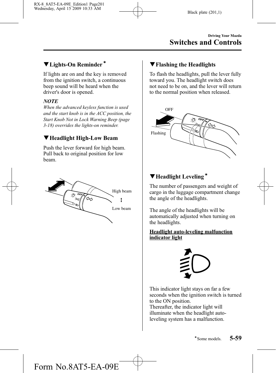 Form no.8at5-ea-09e, Switches and controls | Mazda 2010 RX-8 User Manual | Page 201 / 438