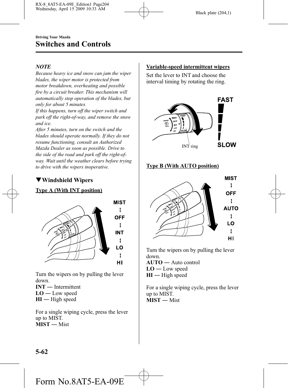 Form no.8at5-ea-09e, Switches and controls | Mazda 2010 RX-8 User Manual | Page 204 / 438