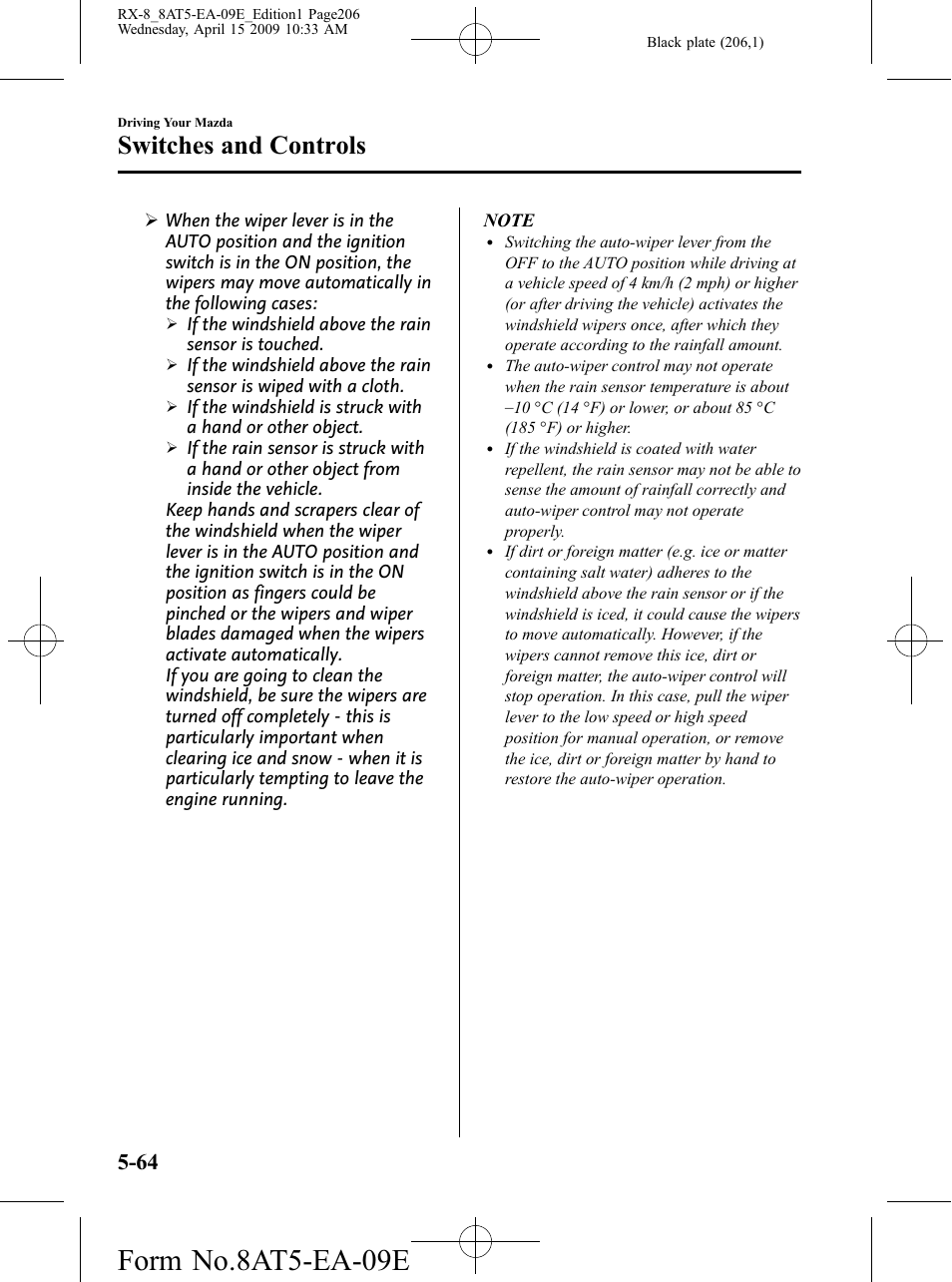 Form no.8at5-ea-09e, Switches and controls | Mazda 2010 RX-8 User Manual | Page 206 / 438