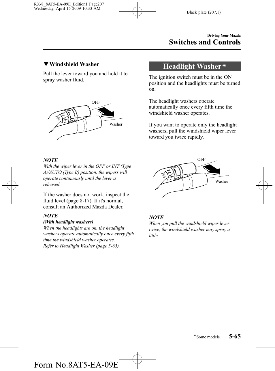 Headlight washer, Form no.8at5-ea-09e, Switches and controls | Mazda 2010 RX-8 User Manual | Page 207 / 438