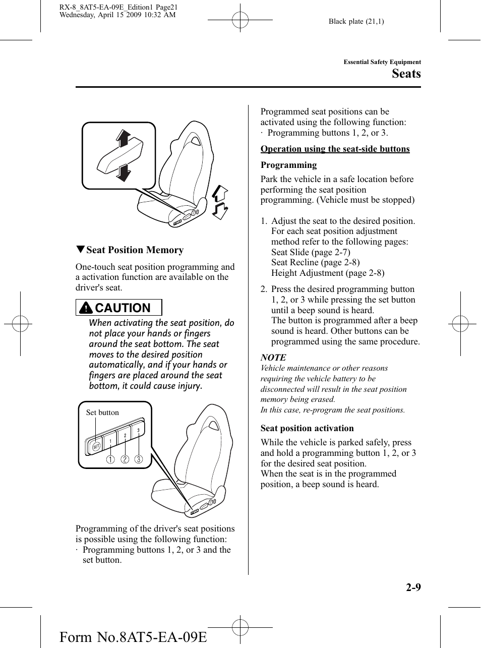 Form no.8at5-ea-09e, Seats, Caution | Mazda 2010 RX-8 User Manual | Page 21 / 438