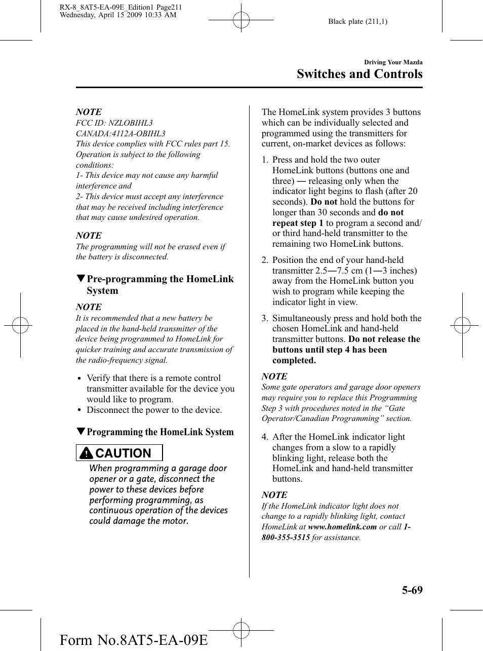 Form no.8at5-ea-09e, Switches and controls, Caution | Mazda 2010 RX-8 User Manual | Page 211 / 438