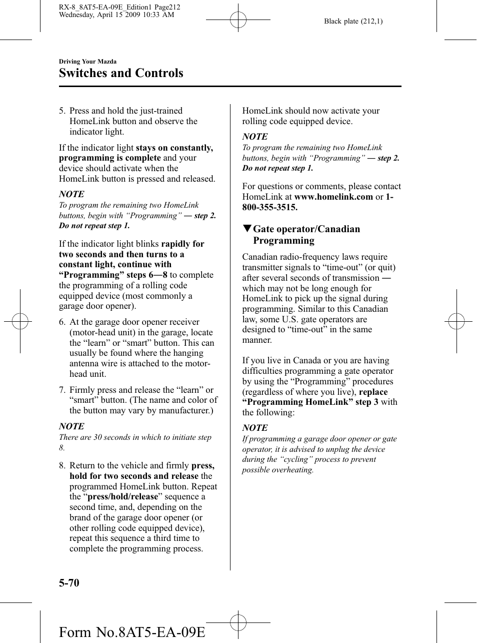 Form no.8at5-ea-09e, Switches and controls | Mazda 2010 RX-8 User Manual | Page 212 / 438