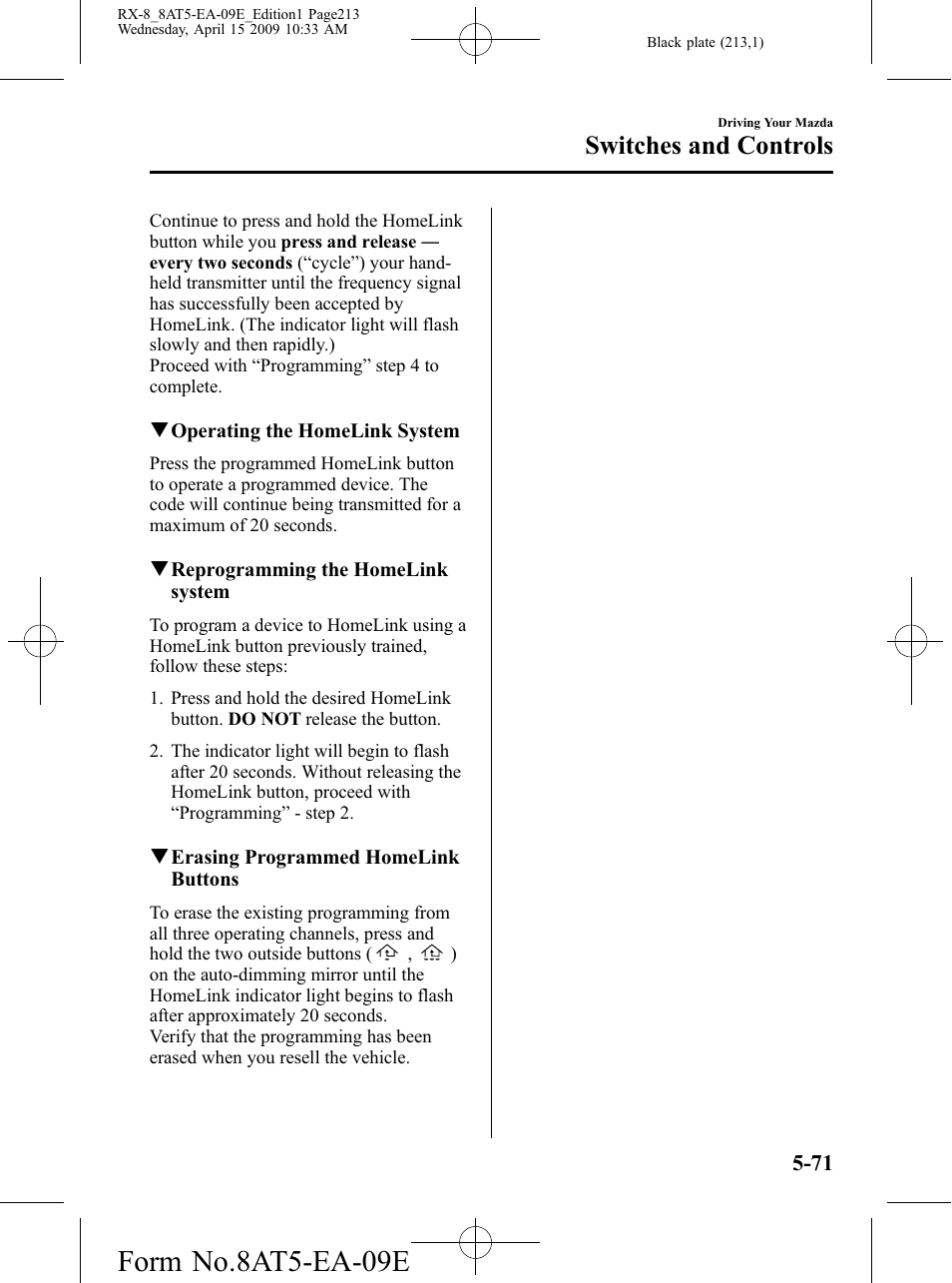 Form no.8at5-ea-09e, Switches and controls | Mazda 2010 RX-8 User Manual | Page 213 / 438