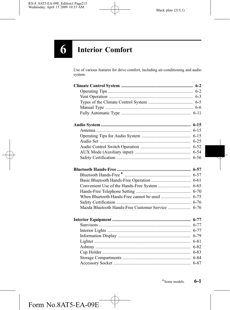 Interior comfort, Form no.8at5-ea-09e | Mazda 2010 RX-8 User Manual | Page 215 / 438