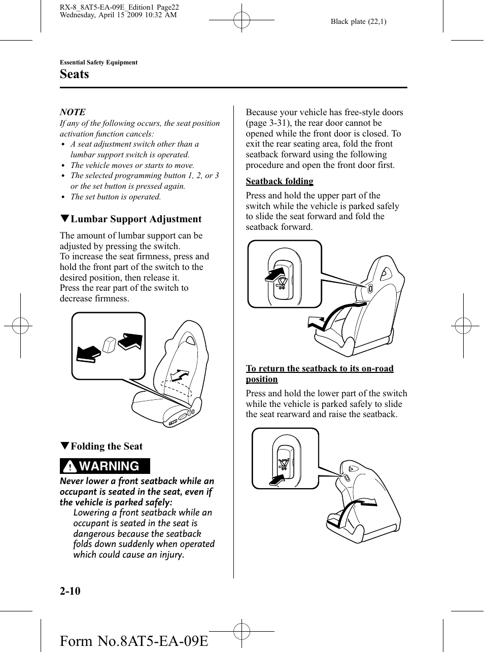 Form no.8at5-ea-09e, Seats, Warning | Mazda 2010 RX-8 User Manual | Page 22 / 438