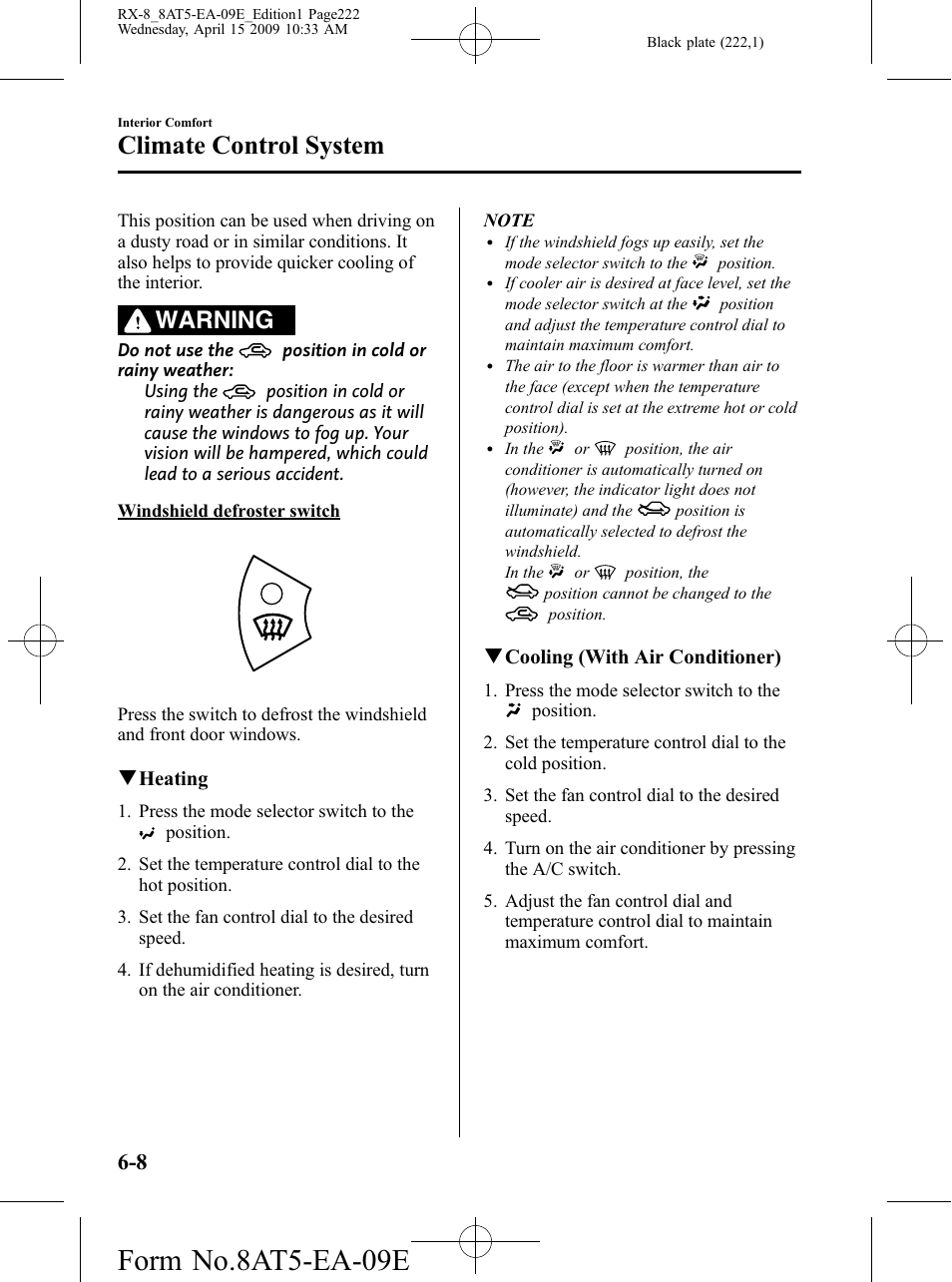 Form no.8at5-ea-09e, Climate control system, Warning | Mazda 2010 RX-8 User Manual | Page 222 / 438