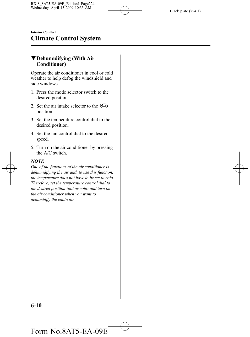 Form no.8at5-ea-09e, Climate control system | Mazda 2010 RX-8 User Manual | Page 224 / 438