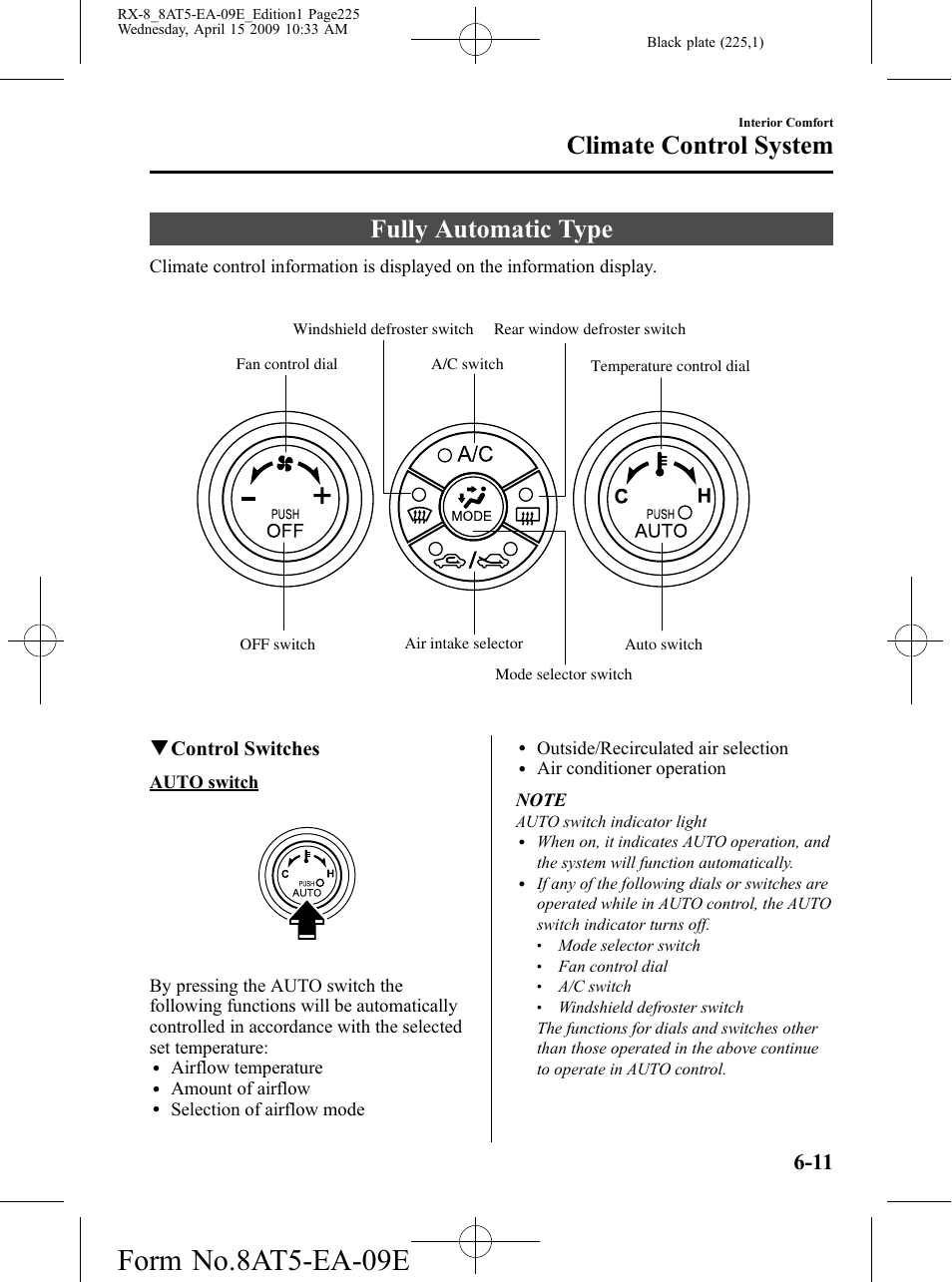 Fully automatic type, Fully automatic type -11, Form no.8at5-ea-09e | Climate control system, Qcontrol switches | Mazda 2010 RX-8 User Manual | Page 225 / 438