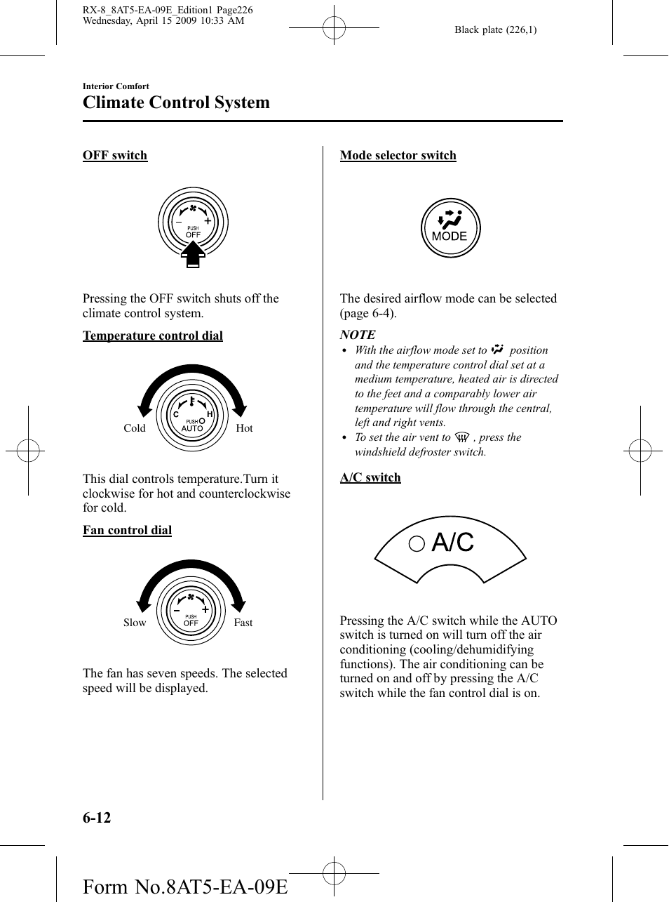 Form no.8at5-ea-09e, Climate control system | Mazda 2010 RX-8 User Manual | Page 226 / 438