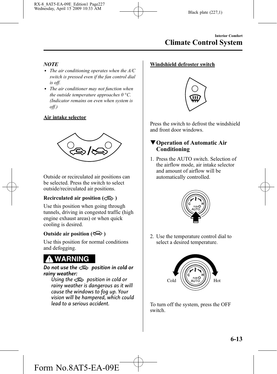 Form no.8at5-ea-09e, Climate control system, Warning | Mazda 2010 RX-8 User Manual | Page 227 / 438