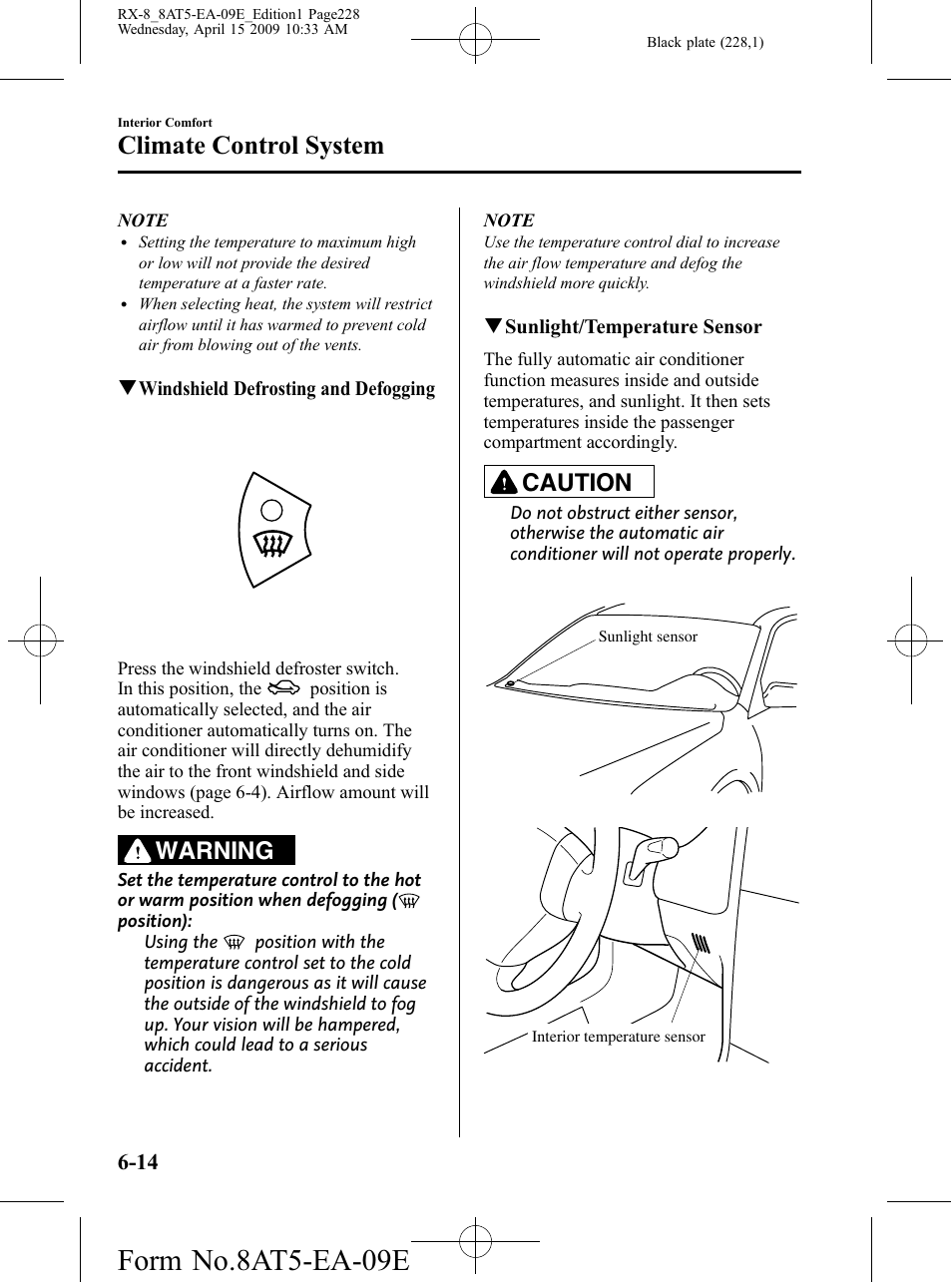 Form no.8at5-ea-09e, Climate control system, Warning | Caution | Mazda 2010 RX-8 User Manual | Page 228 / 438