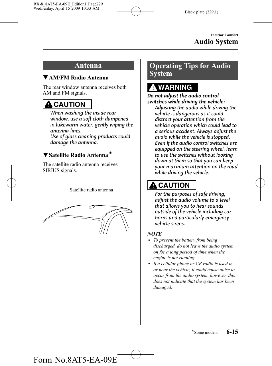 Audio system, Antenna, Operating tips for audio system | Audio system -15, Antenna -15 operating tips for audio system -15, Form no.8at5-ea-09e, Caution, Warning | Mazda 2010 RX-8 User Manual | Page 229 / 438
