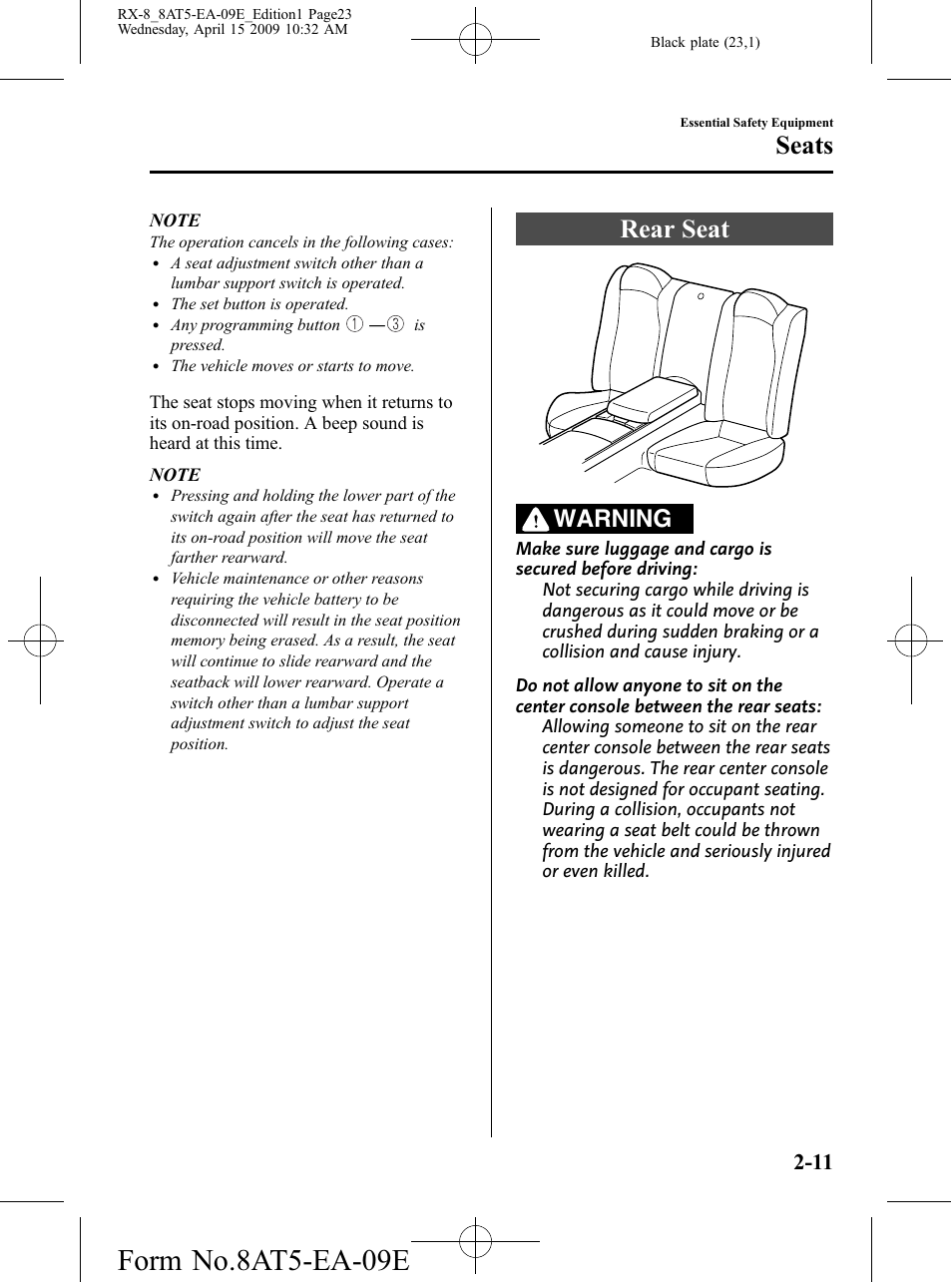 Rear seat, Rear seat -11, Form no.8at5-ea-09e | Seats, Warning | Mazda 2010 RX-8 User Manual | Page 23 / 438