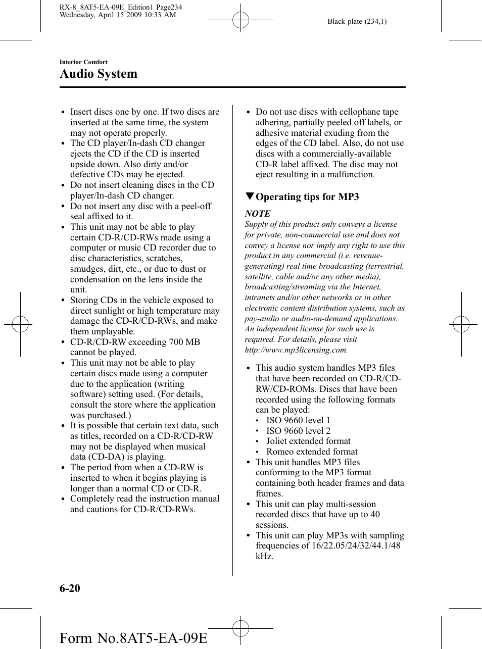 Form no.8at5-ea-09e, Audio system, Qoperating tips for mp3 | Cd-r/cd-rw exceeding 700 mb cannot be played, Joliet extended format, Romeo extended format | Mazda 2010 RX-8 User Manual | Page 234 / 438