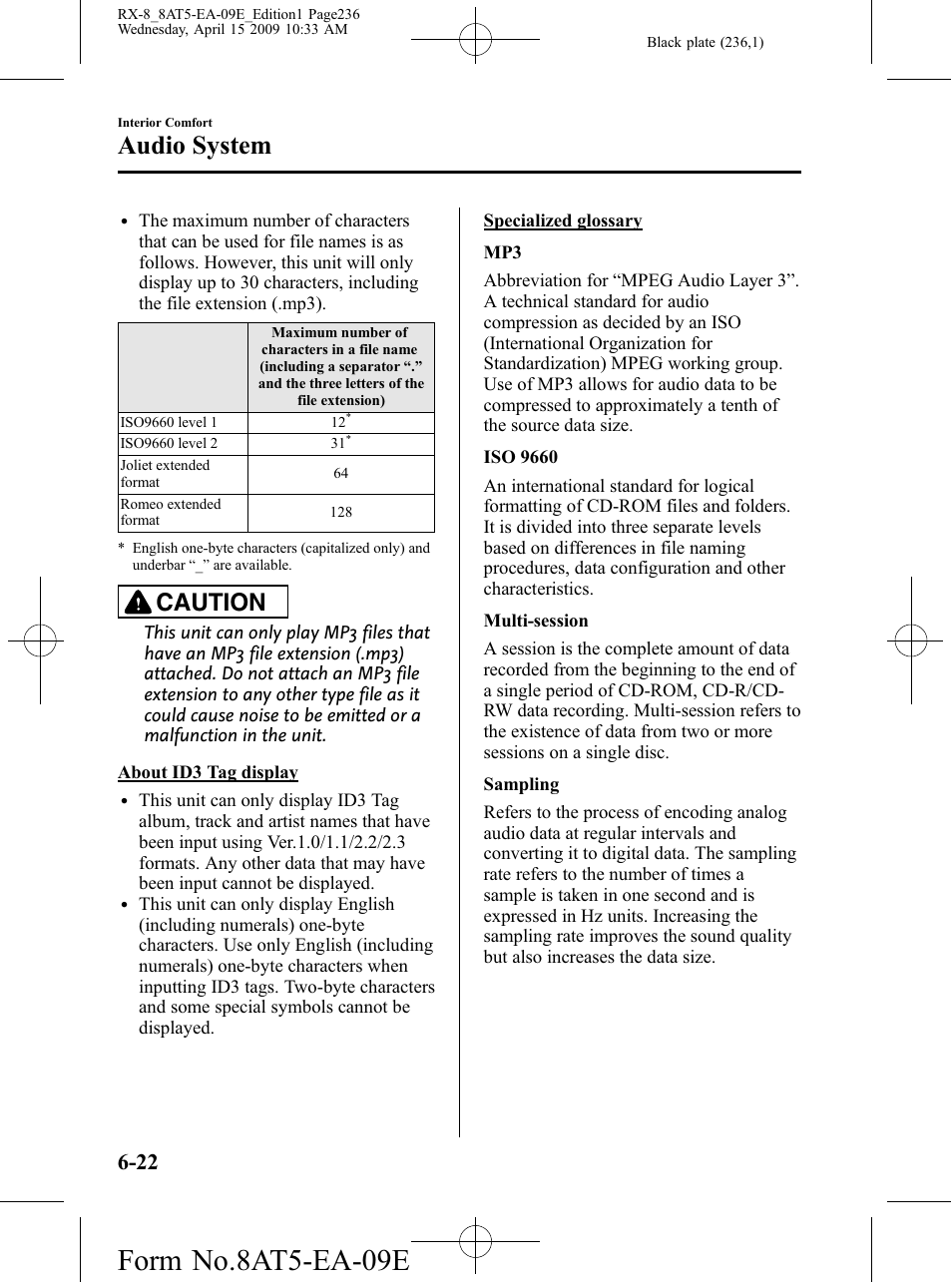 Form no.8at5-ea-09e, Audio system, Caution | Mazda 2010 RX-8 User Manual | Page 236 / 438