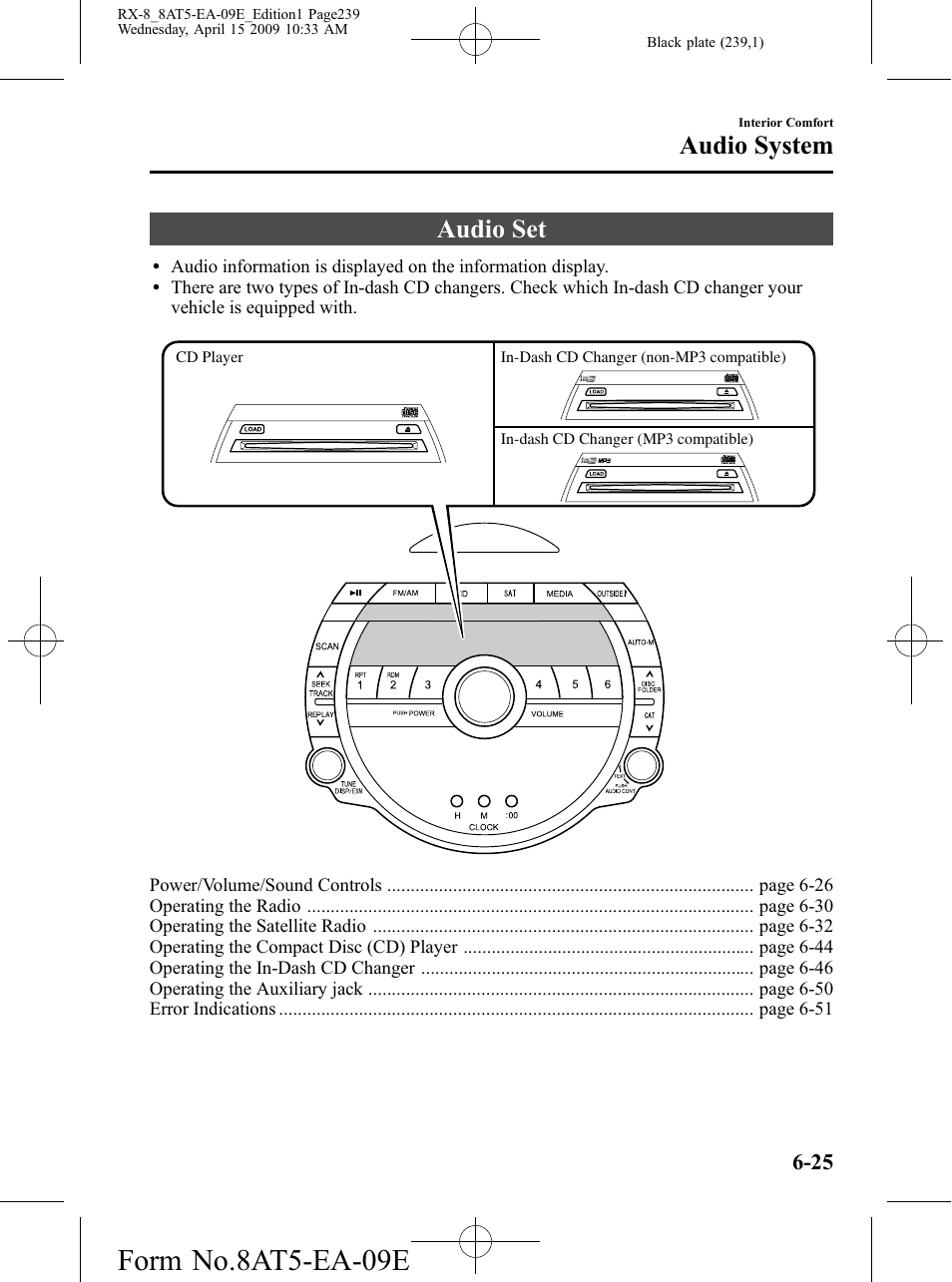 Audio set, Audio set -25, Form no.8at5-ea-09e | Audio system | Mazda 2010 RX-8 User Manual | Page 239 / 438