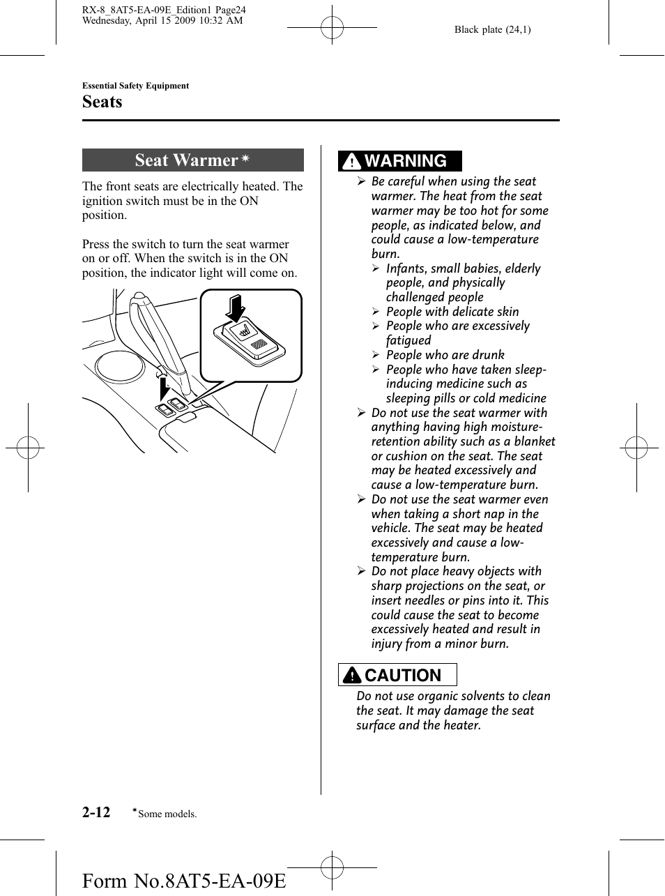 Seat warmer, Form no.8at5-ea-09e, Seats | Warning, Caution | Mazda 2010 RX-8 User Manual | Page 24 / 438