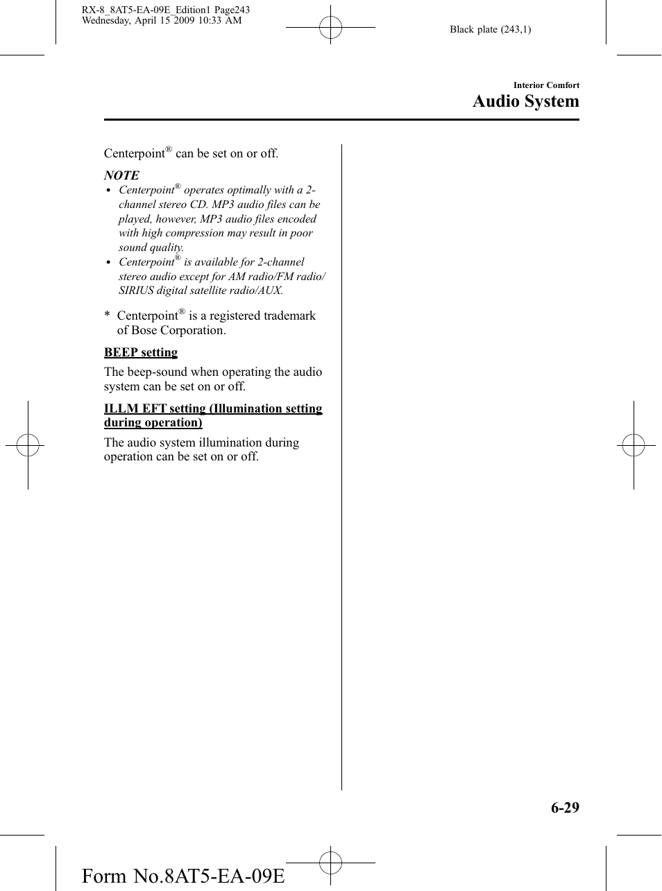 Form no.8at5-ea-09e, Audio system | Mazda 2010 RX-8 User Manual | Page 243 / 438