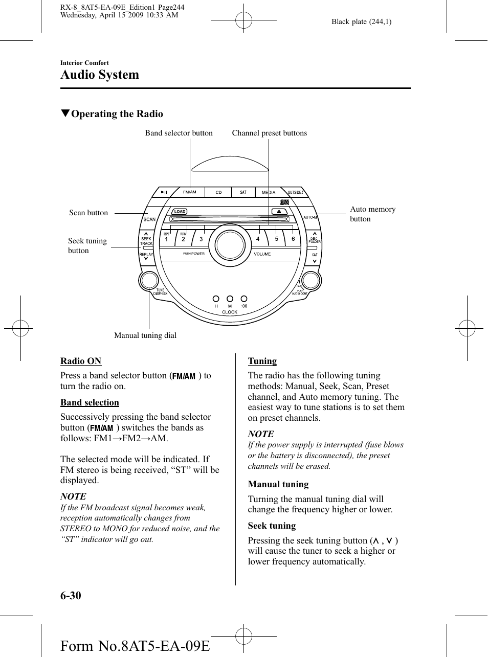 Form no.8at5-ea-09e, Audio system | Mazda 2010 RX-8 User Manual | Page 244 / 438