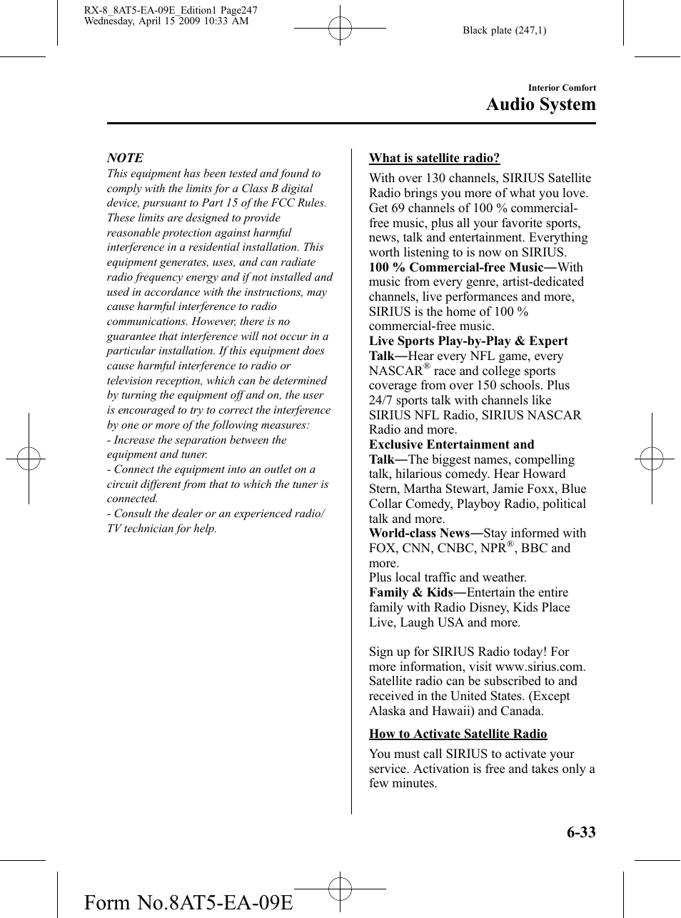 Form no.8at5-ea-09e, Audio system | Mazda 2010 RX-8 User Manual | Page 247 / 438