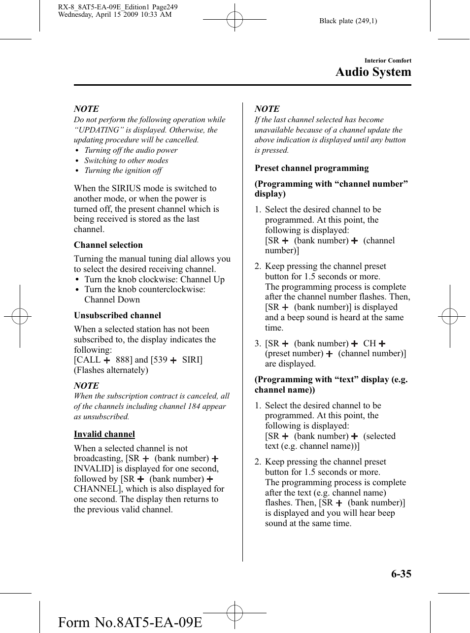 Form no.8at5-ea-09e, Audio system | Mazda 2010 RX-8 User Manual | Page 249 / 438