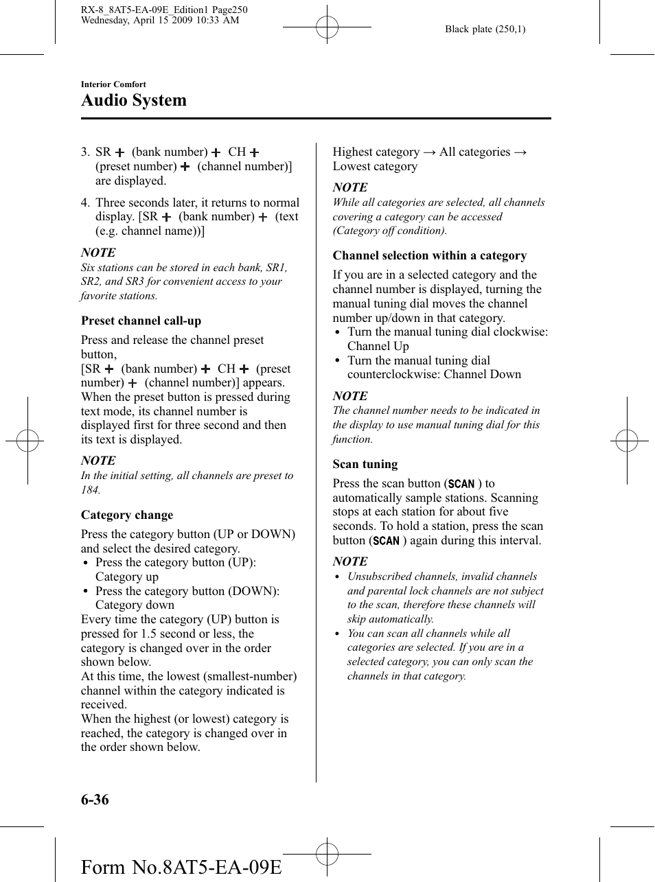 Form no.8at5-ea-09e, Audio system | Mazda 2010 RX-8 User Manual | Page 250 / 438