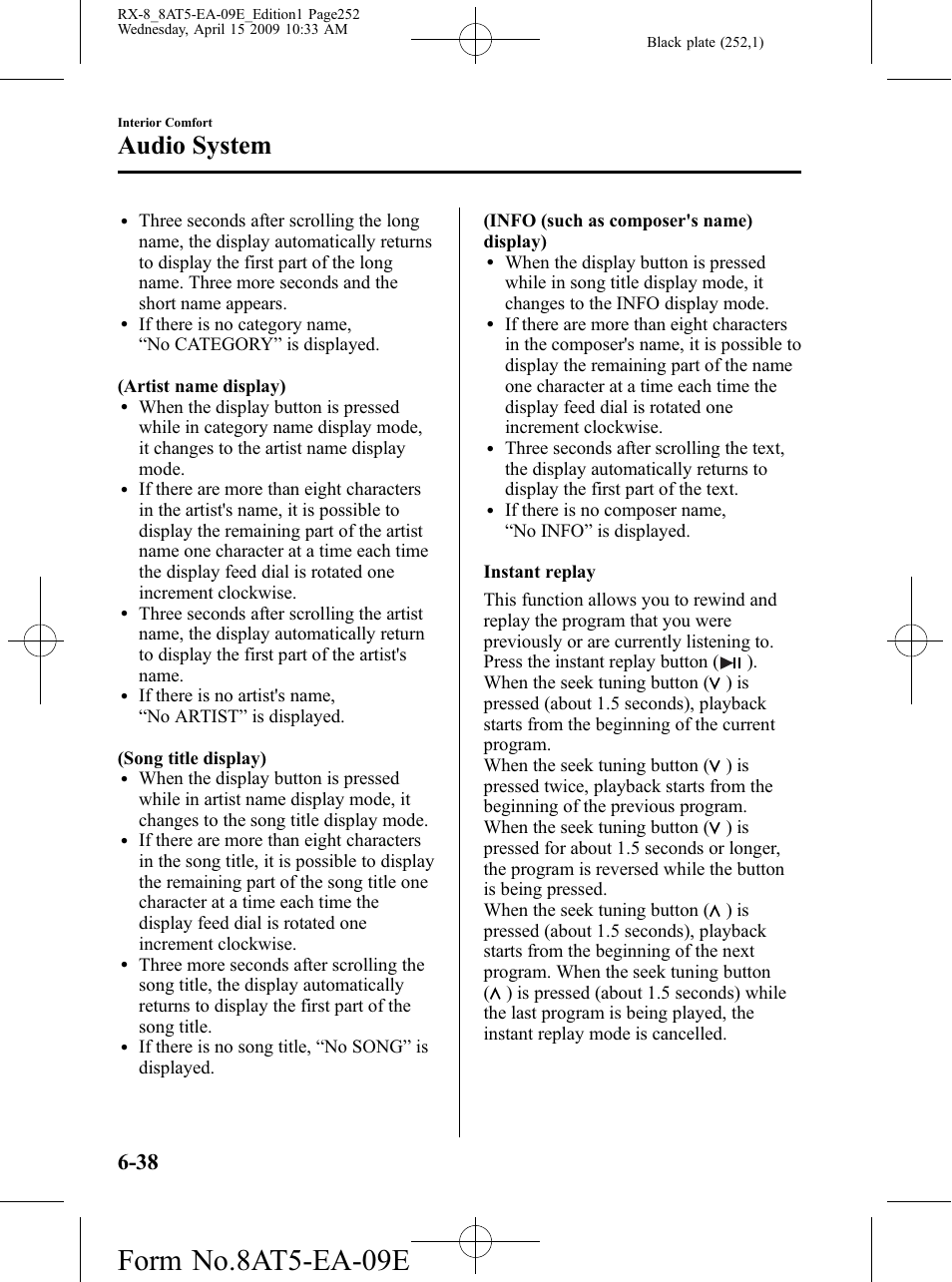 Form no.8at5-ea-09e, Audio system | Mazda 2010 RX-8 User Manual | Page 252 / 438