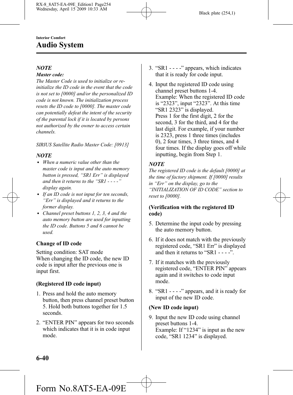 Form no.8at5-ea-09e, Audio system | Mazda 2010 RX-8 User Manual | Page 254 / 438