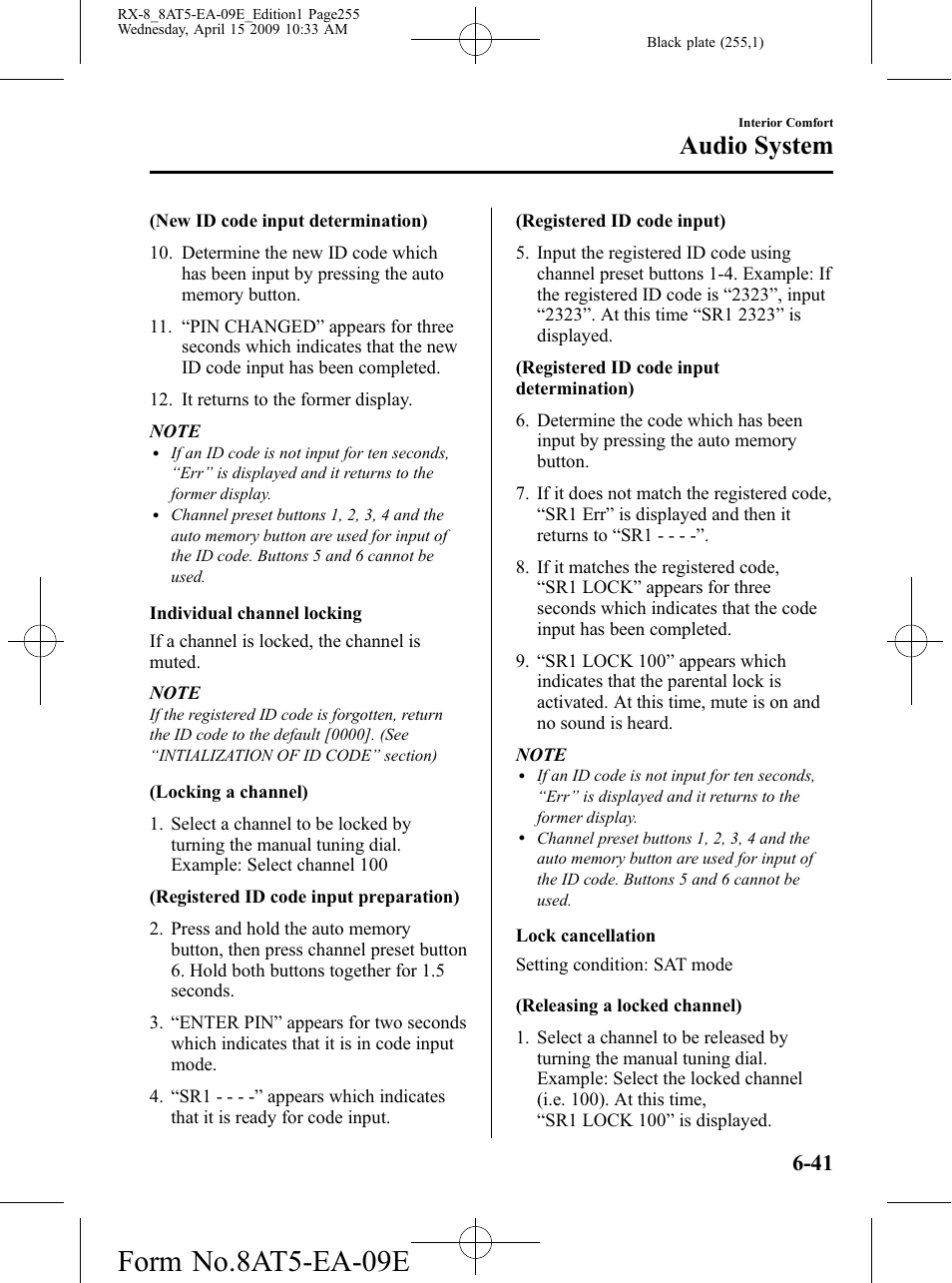 Form no.8at5-ea-09e, Audio system | Mazda 2010 RX-8 User Manual | Page 255 / 438
