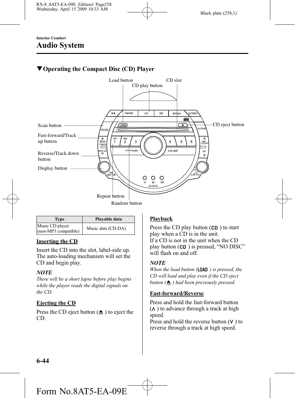 Form no.8at5-ea-09e, Audio system | Mazda 2010 RX-8 User Manual | Page 258 / 438