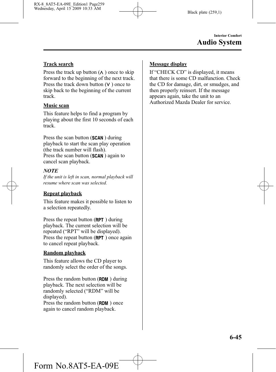 Form no.8at5-ea-09e, Audio system | Mazda 2010 RX-8 User Manual | Page 259 / 438