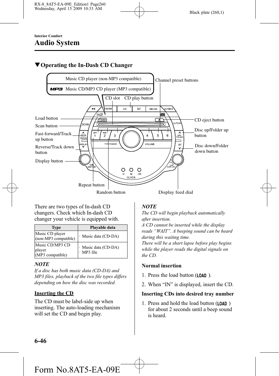 Form no.8at5-ea-09e, Audio system | Mazda 2010 RX-8 User Manual | Page 260 / 438
