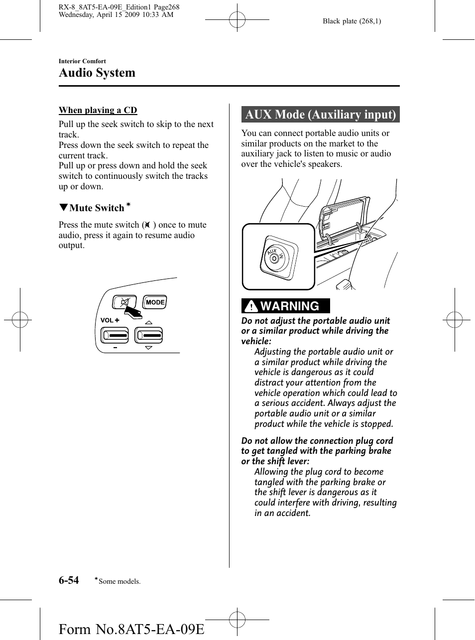 Aux mode (auxiliary input), Aux mode (auxiliary input) -54, Form no.8at5-ea-09e | Audio system, Warning | Mazda 2010 RX-8 User Manual | Page 268 / 438