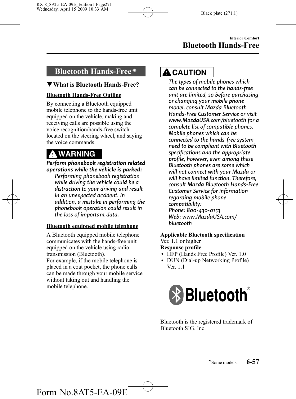 Bluetooth hands-free, Bluetooth hands-free -57, Form no.8at5-ea-09e | Warning, Caution | Mazda 2010 RX-8 User Manual | Page 271 / 438