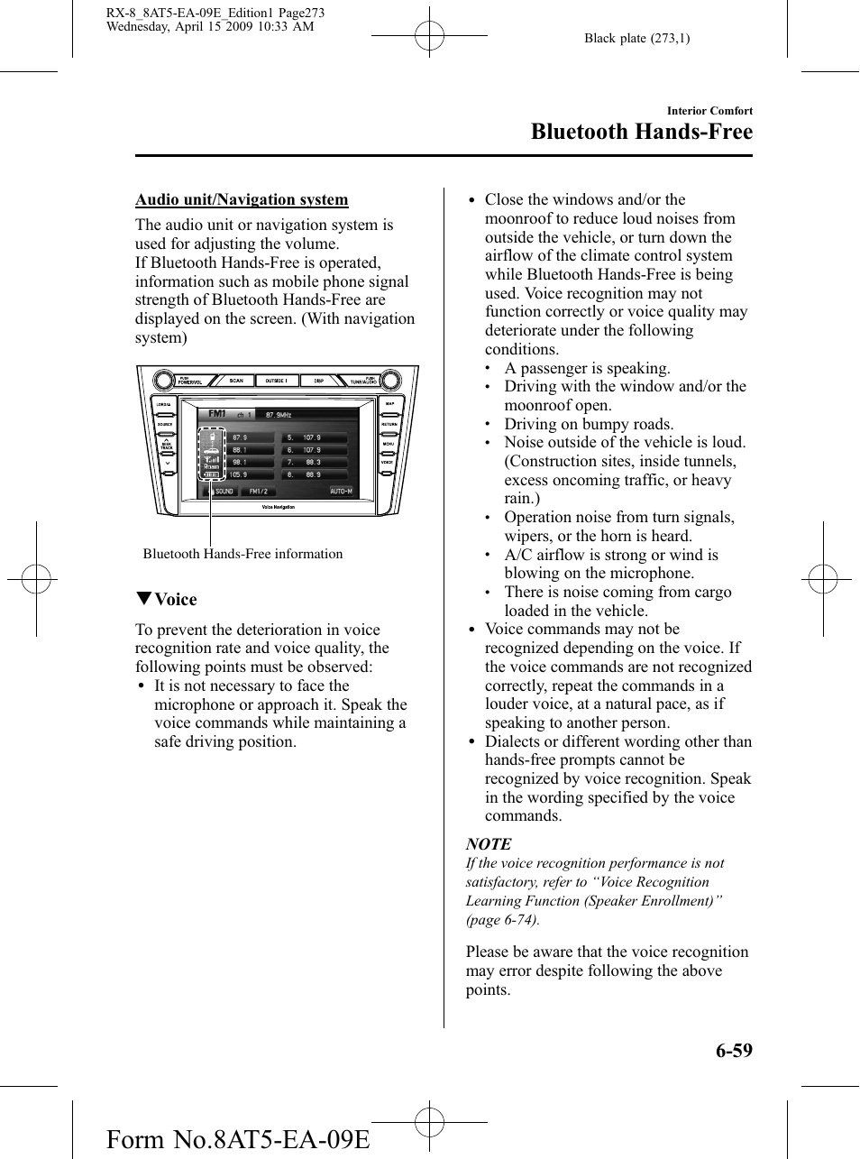 Form no.8at5-ea-09e, Bluetooth hands-free, Qvoice | Mazda 2010 RX-8 User Manual | Page 273 / 438
