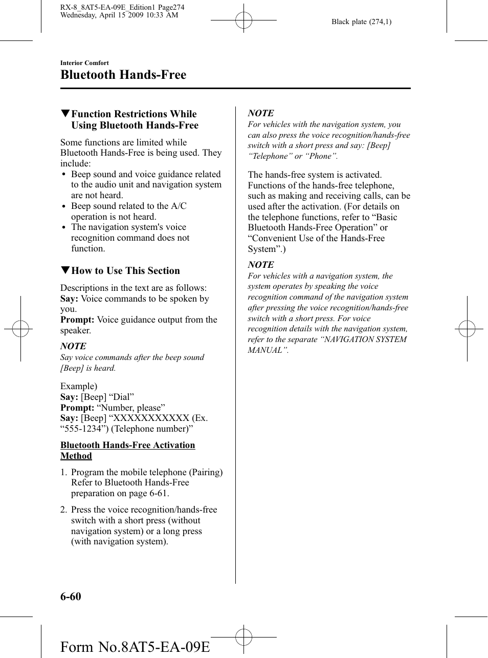 Form no.8at5-ea-09e, Bluetooth hands-free | Mazda 2010 RX-8 User Manual | Page 274 / 438