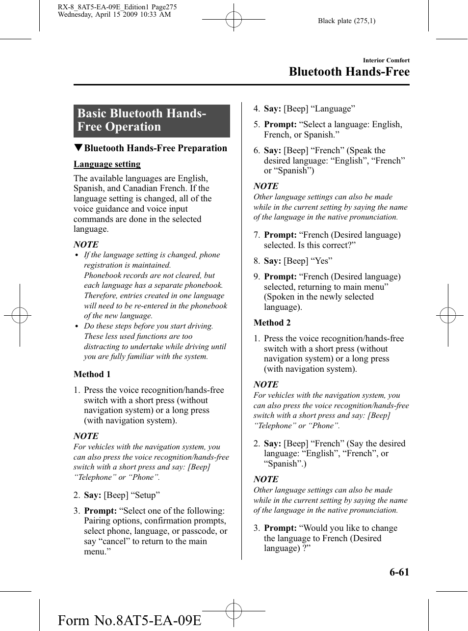 Basic bluetooth hands-free operation, Basic bluetooth hands-free operation -61, Form no.8at5-ea-09e | Basic bluetooth hands- free operation, Bluetooth hands-free | Mazda 2010 RX-8 User Manual | Page 275 / 438