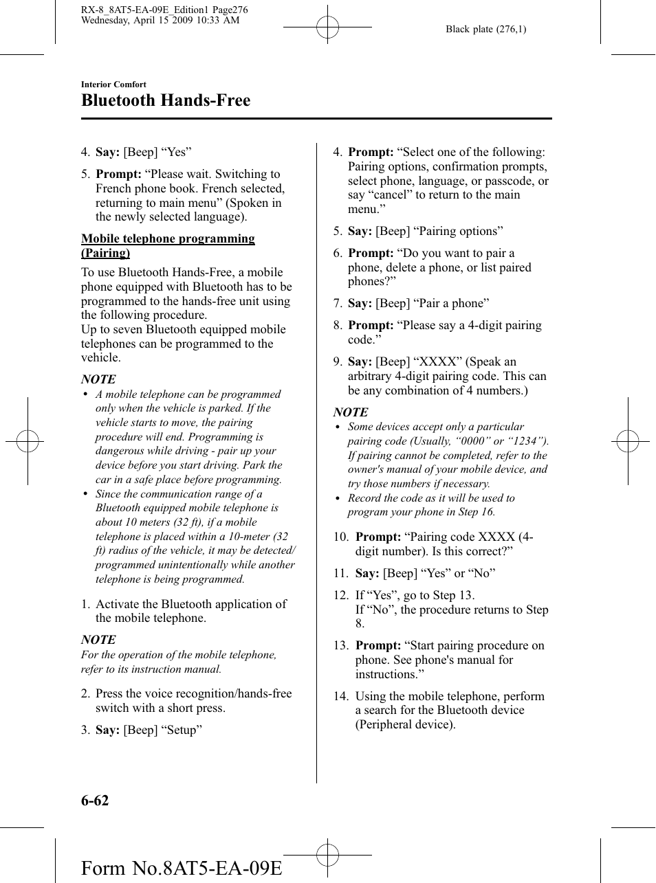 Form no.8at5-ea-09e, Bluetooth hands-free | Mazda 2010 RX-8 User Manual | Page 276 / 438
