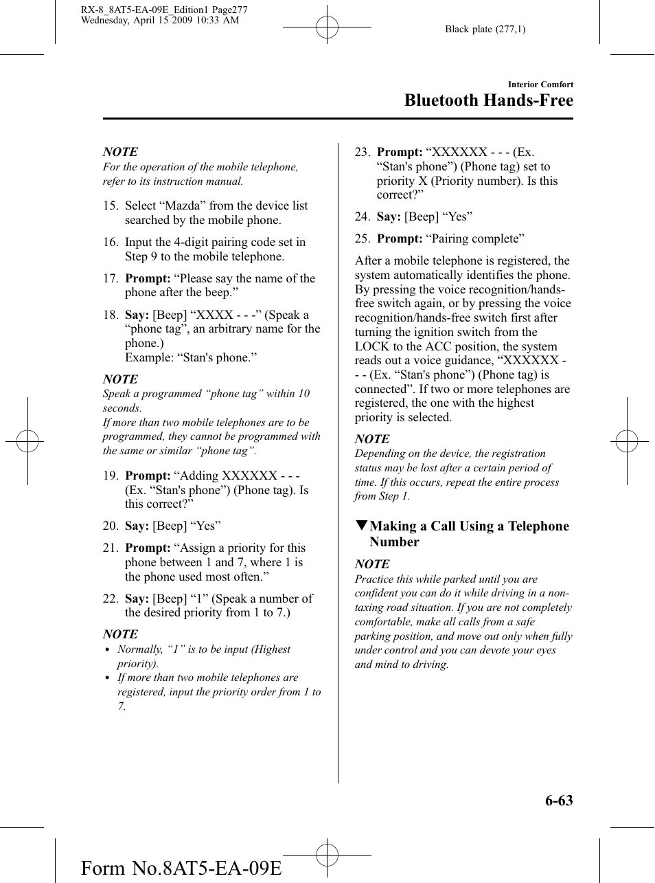 Form no.8at5-ea-09e, Bluetooth hands-free | Mazda 2010 RX-8 User Manual | Page 277 / 438