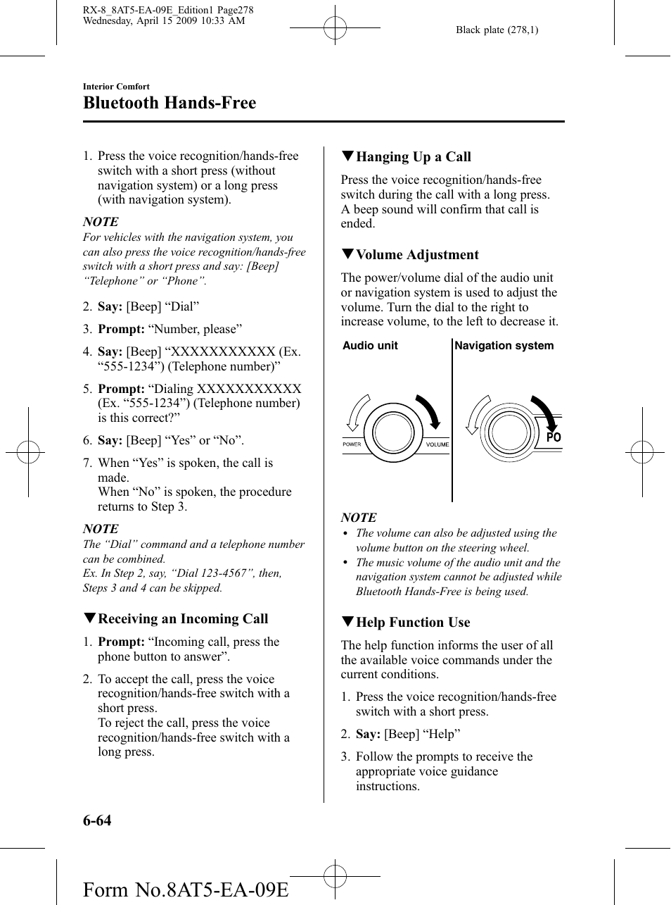 Form no.8at5-ea-09e, Bluetooth hands-free | Mazda 2010 RX-8 User Manual | Page 278 / 438