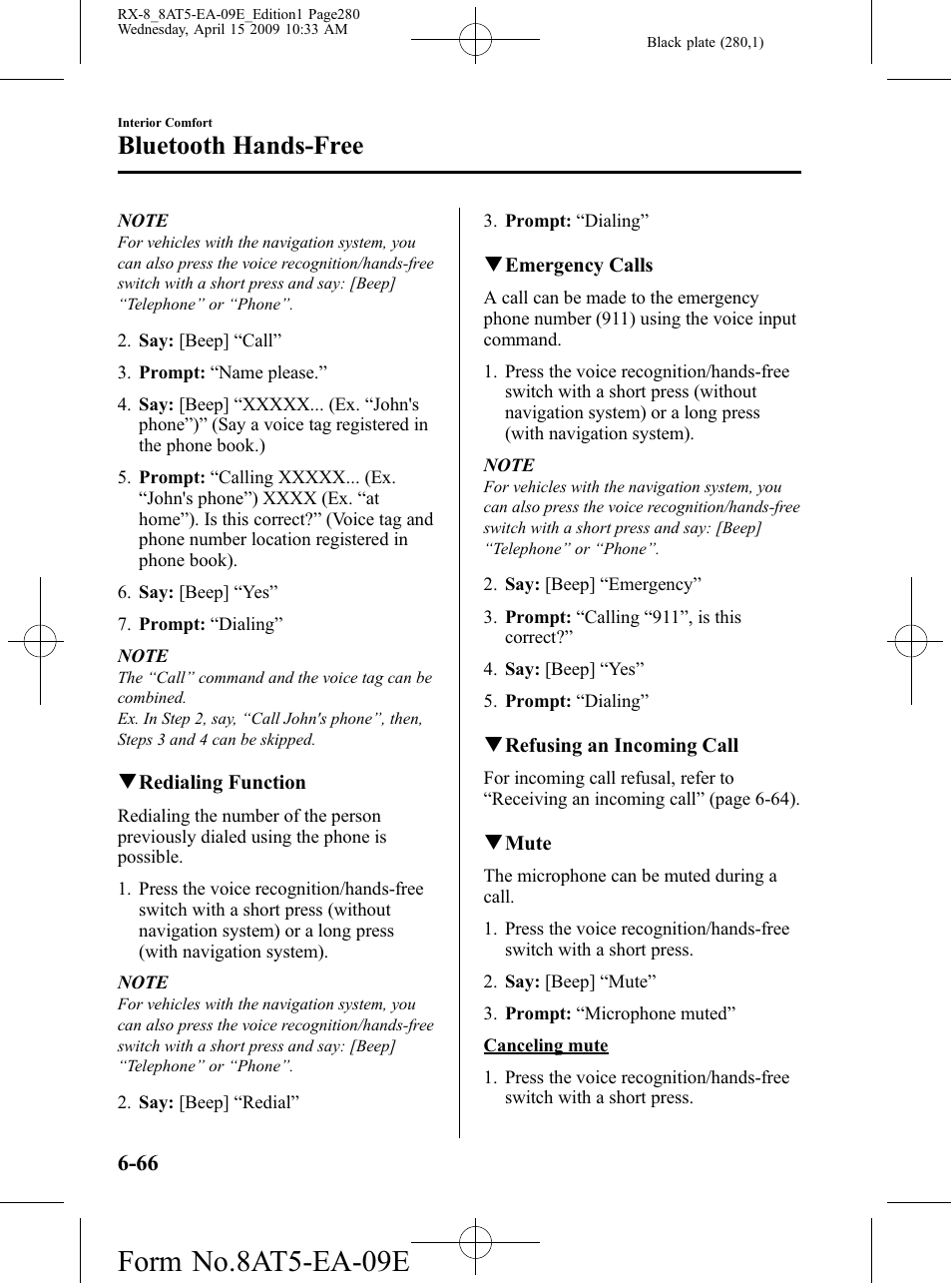 Form no.8at5-ea-09e, Bluetooth hands-free | Mazda 2010 RX-8 User Manual | Page 280 / 438