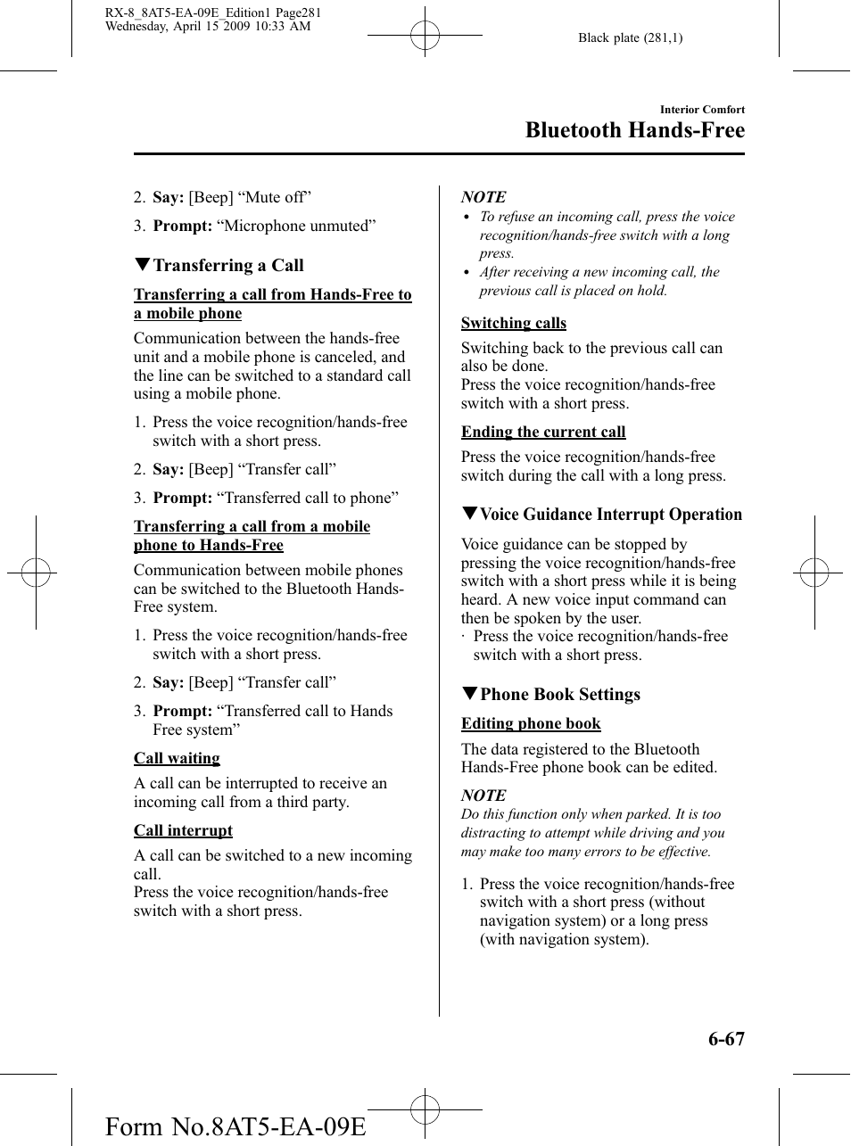 Form no.8at5-ea-09e, Bluetooth hands-free | Mazda 2010 RX-8 User Manual | Page 281 / 438
