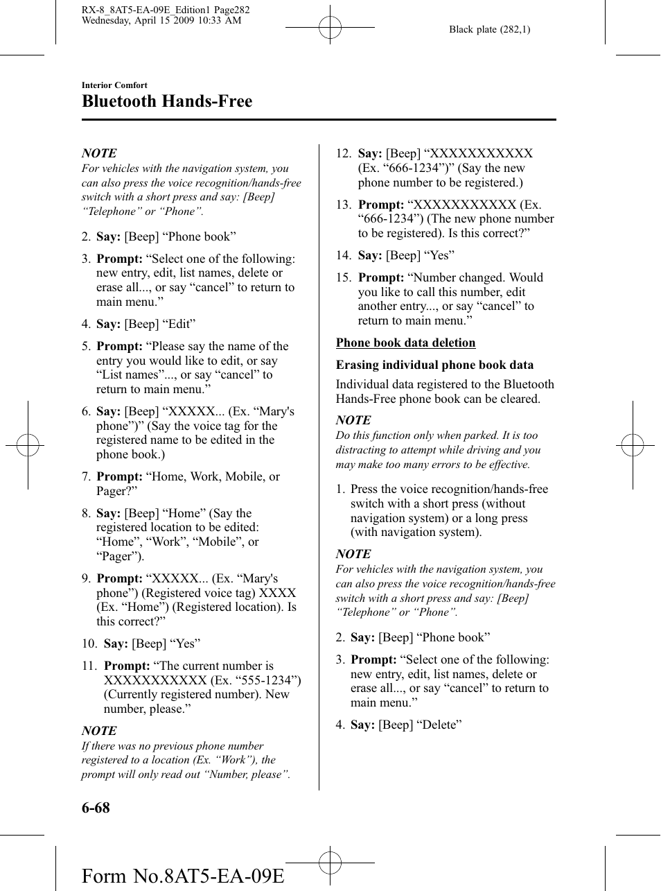 Form no.8at5-ea-09e, Bluetooth hands-free | Mazda 2010 RX-8 User Manual | Page 282 / 438