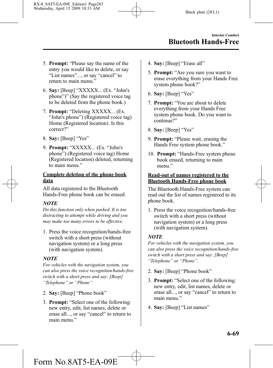 Form no.8at5-ea-09e, Bluetooth hands-free | Mazda 2010 RX-8 User Manual | Page 283 / 438